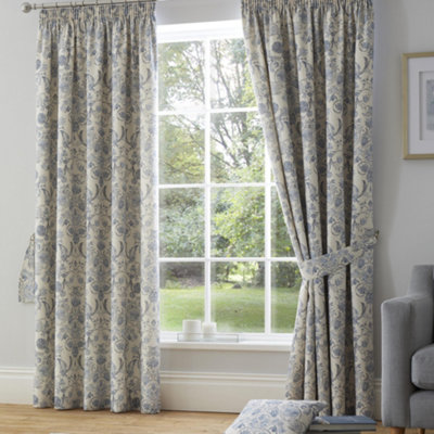 B&Q -  Averie Pair Of Blue Pencil Pleat Curtains With Tie-Backs