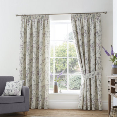 Dreams & Drapes Jazmine 100% Cotton Floral Print Pair Of Heather Pencil Pleat Curtains With Tie-Backs from B&Q