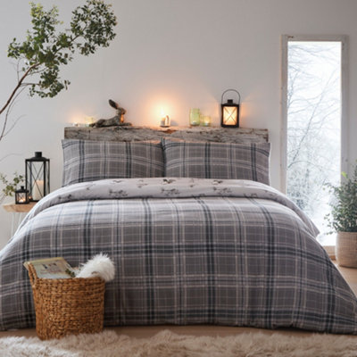 Dreams & Drapes Derwent Check Brushed Cotton Reversible Woodland Animal Print Duvet Cover Set