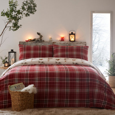 Dreams & Drapes Derwent Check Brushed Cotton Reversible Woodland Animal Print Duvet Cover Set