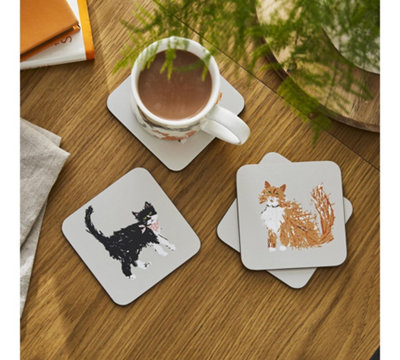 Feline Friends Cork Agate Ceramic Jute Leather Crystal Square Round 4 Piece Coaster Set - Image 6
