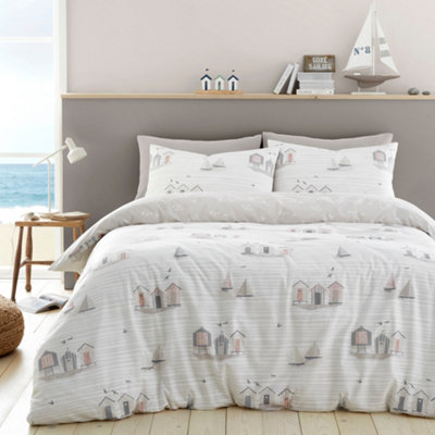 Fusion Beach Huts Summer Seaside Print Natural Duvet Cover Set from B&Q