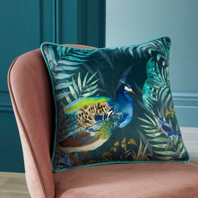 Soirée Peacock Jungle Velvet Teal Filled Cushion from B&Q