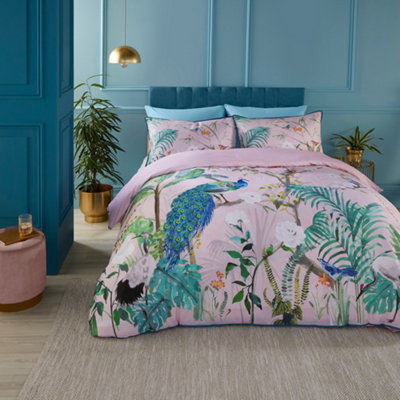Soirée Peacock Jungle 100% Cotton Sateen Pink Duvet Cover Set from B&Q