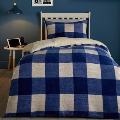 Bedlam Blue Cosy Theo Check Plush & Sherpa Reverse Duvet Cover Set