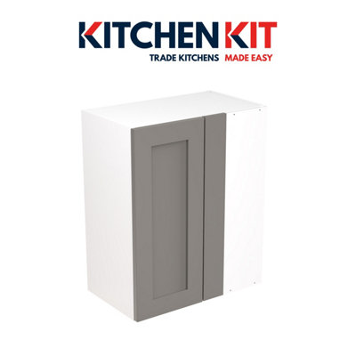 Kitchen Kit Grey Pre-Built Dust Matt Wall Unit 600Mm - Blind Corner Shaker Cabinet Door - Screwless Quick Build Easy Install