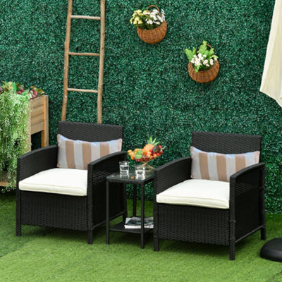 Outsunny 3 Pc Outdoor Rattan Sofa Set W/ Chairs Coffee Table Cushion Black