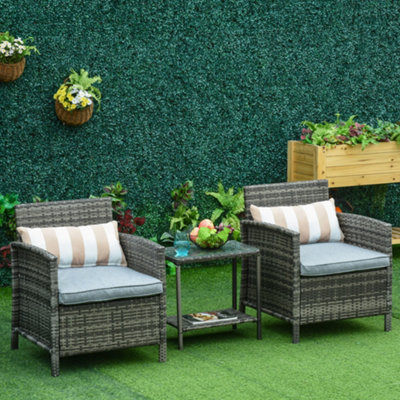 Outsunny 3 Pc Outdoor Rattan Sofa Set W/ Chairs Coffee Table Cushion Grey