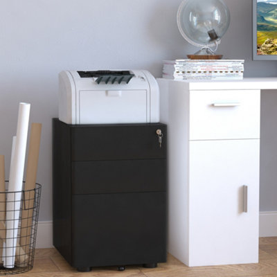 B&Q -  3 Drawer Metal Filing Cabinet Lockable 5 Wheels Under Desk Black