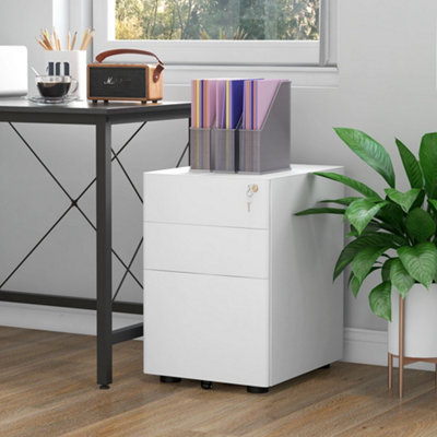 Viokef Vinsetto 3 Drawer Metal Filing Cabinet Lockable 5 Wheels Under Desk White