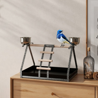 PAWHUT Bird PlayStand with Wooden Perch Ladder Feeding Cups for Macaw Parrot in Black - Image 6