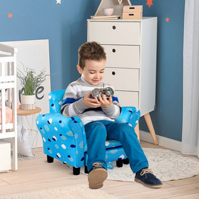 B&Q -  Cute Cloud Star Child Armchair Seat Wood Frame W/ Footrest Padding Blue