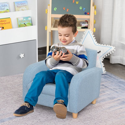 B&Q -  Linen Child Armchair Wood Frame W/ Padding Seat Low-Rise Bedroom Blue