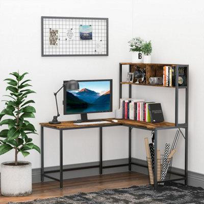 HOMCOM Industrial L-Shaped Work Desk & Storage Shelf Steel Frame in Brown - Image 10