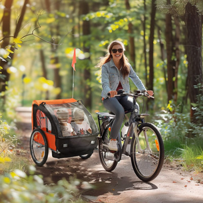 B&Q -  18M+ 2-Seat Child Bike Trailer For Kid W/ Steel Frame Seat Belt Orange