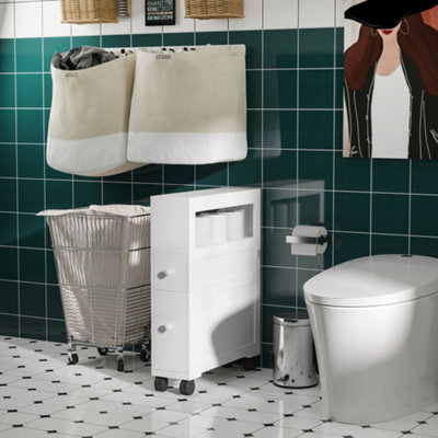 B&Q -  72X16Cm Narrow Bathroom Storage Unit 2 Drawers Open Top 4 Wheels Slimline