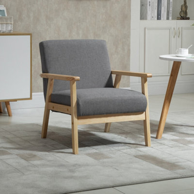 Homcom Grey Accent Chair With Wood Frame Wide Seat Linen Armchair