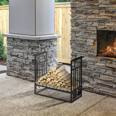 Homcom Vintage Style Powder Coated Steel Firewood Log Rack Holder W/ Tools Black