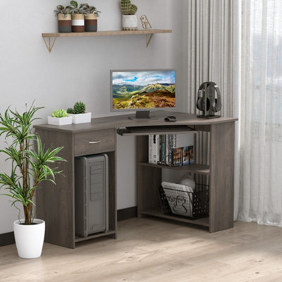 B&Q -  L-Shaped Corner Computer Desk W/ 2 Shelves Worktop Keyboard Tray Grey