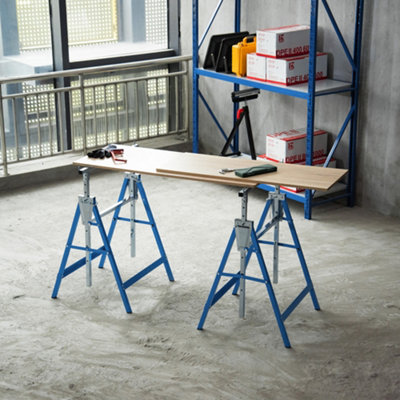 Homcom Set Of 2 Steel Saw Horses Telescopic Builders Work Bench Folding Blue