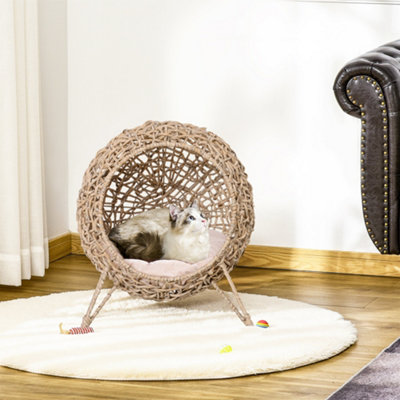 Blue Pirate Wicker Cat House, Ball-Shaped Rattan Raised Cat Bed - Natural Wood Finish - Image 4