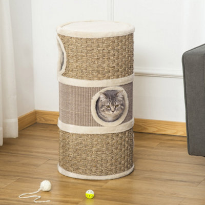 Pawhut Cat Scratching Barrel Kitten Tree Tower With Sisal And Seaweed Rope