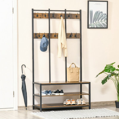 Homcom Unisex Brown Industrial Coat Rack Shoe Bench Hall Tree Entryway Clothes Storage In - Image 12