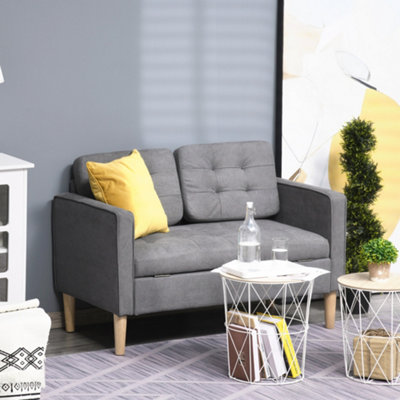 Homcom Compact 2 Seater Sofa With Hidden Storage And Rubber Wood Legs Grey