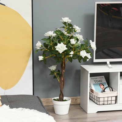 Outsunny White Artificial Rose Tree, Fake Decorative Plant, 90Cm