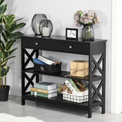 Homcom Console Table Side Desk Shelves Drawers Open Top X Support Hallway Black