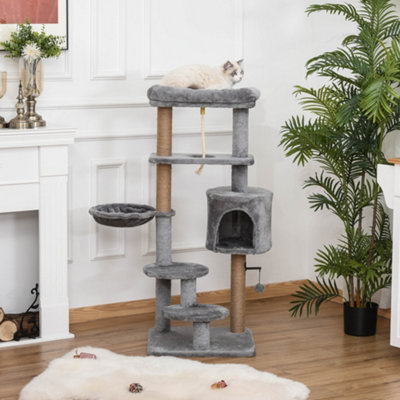 Pawhut Light/Grey Cat Tree Tower With Scratch Post Perch Hammock Condo 120Cm
