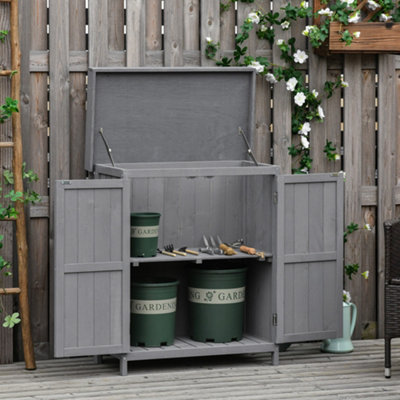 Outsunny Wooden Garden Shed Double Door Tool Storage House, 74X43X88Cm, Grey