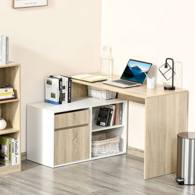 HOMCOM L-Shaped Corner Computer Desk Study Table PC Work with Storage Shelf in White - Image 10