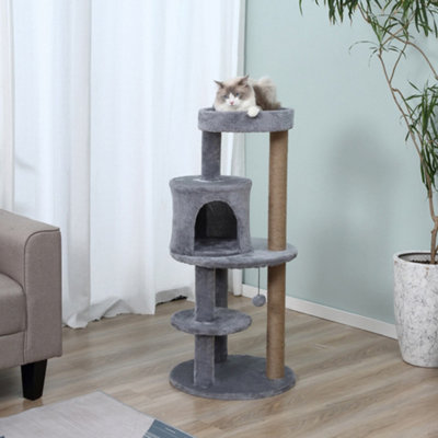 Pawhut 104Cm Cat Tree Condo Tower With Scratching Post Perch BallGrey from B&Q