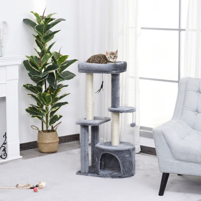 Pawhut Grey Cat Tower Condo With House Sisal Scratching Post Perches 100Cm