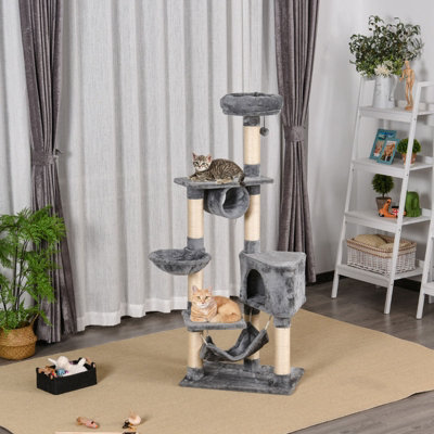 Pawhut 154Cm Cat Tree Tower Multi-Level Indoor Scratching Post Light Grey from B&Q