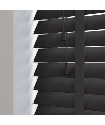 50mm Slat Black Real Wood Venetian Blind With Tapes 120Cm Drop 235Cm Wide