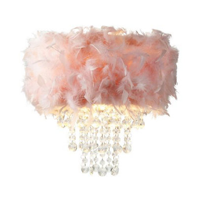 Happy Homewares Pink/Light Contemporary Feather Pendant Shade With Transparent Acrylic Droplets 36Cm