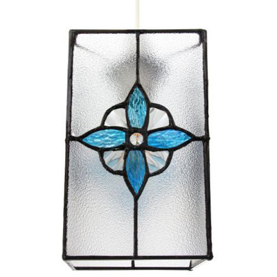 Happy Homewares Light Traditional Clear Glass Tiffany Style Pendant Shade With Teal Panels 21Cm