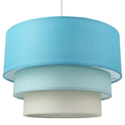 Happy Homewares Blue/Light Contemporary Round Triple Tier Teal/ Cotton Fabric Pendant Shade 20Cm