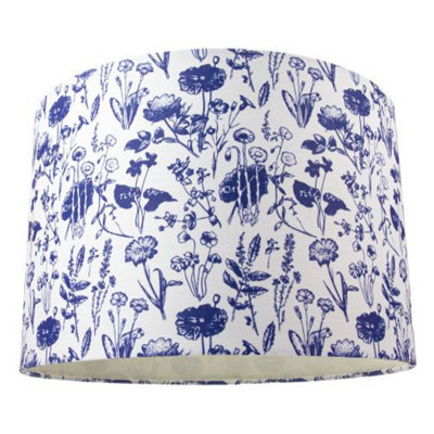 Happy Homewares Cotton 12 Drum Lamp Shade With Floral Decoration And Inner Lining White/Blue