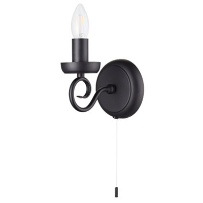 Happy Homewares Black/Light Traditional Style Matt Wall Fitting With Scroll Arm And Pull Switch 17Cm