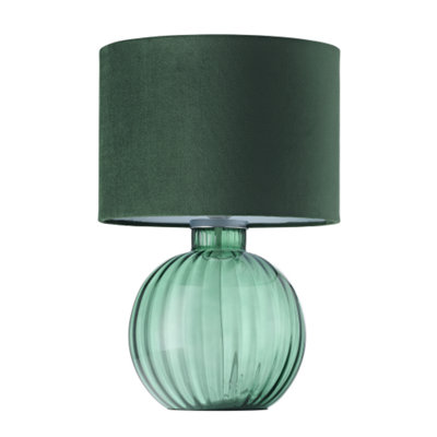 Happy Homewares Contemporary Emerald Ribbed Glass Table Lamp With Forest Velvet Shade Green