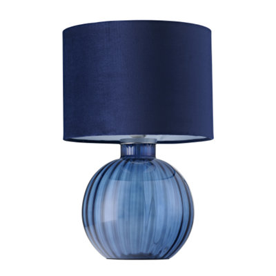Happy Homewares Contemporary Midnight Ribbed Glass Table Lamp With Navy Velvet Shade Blue