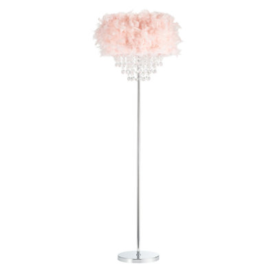 Happy Homewares Modern Chandelier Style Feather Floor Lamp With Waterfall Acrylic Droplets Pink