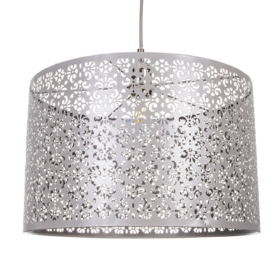 Happy Homewares Marrakech Designed Large Metal Pendant Shade With Floral Decoration Grey/Light