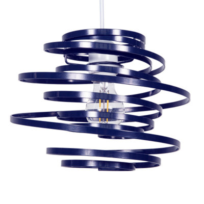 Happy Homewares Contemporary Navy Gloss Metal Double Ribbon Spiral Swirl Pendant Shade Blue