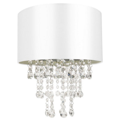 Happy Homewares White/Light Modern Satin Fabric Pendant Shade With Transparent Acrylic Droplets 17Cm