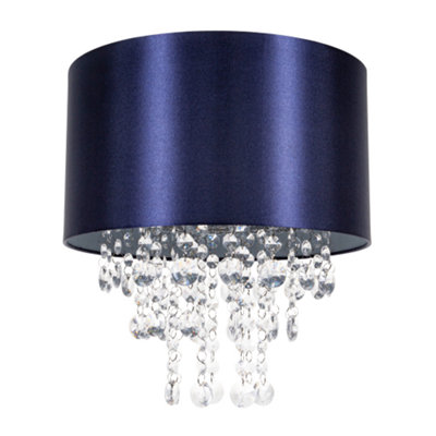 Happy Homewares Light Modern Navy Satin Fabric Pendant Shade With Transparent Acrylic Droplets 17Cm