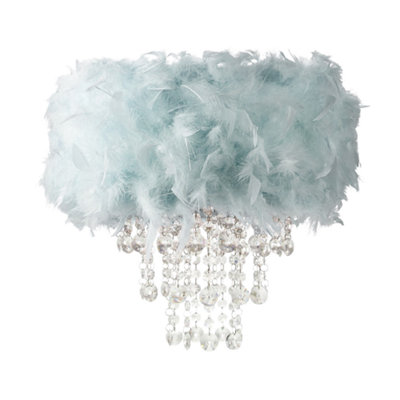 Happy Homewares Contemporary Duck Egg Feather Pendant Shade With Clear Acrylic Droplets Light